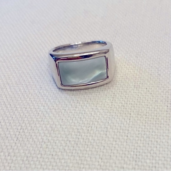 Silver Tone Ring Pale Blue Rectangle - Picture 2 of 6